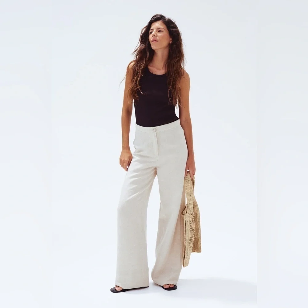H&M Linen Blend Wide Leg Pants High Waisted Neutral Cream Tan sz 2